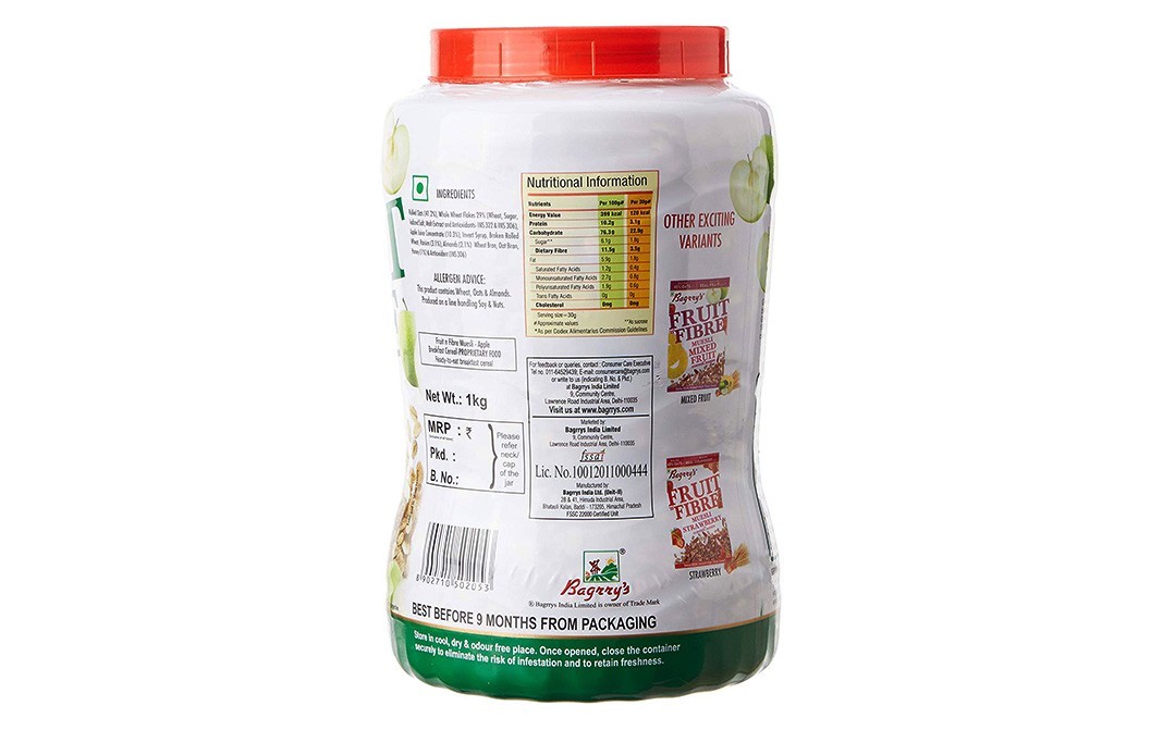 Bagrry's Fruit 'n' Fibre, Muesli Apple with Almonds & Raisins   Plastic Jar  1 kilogram